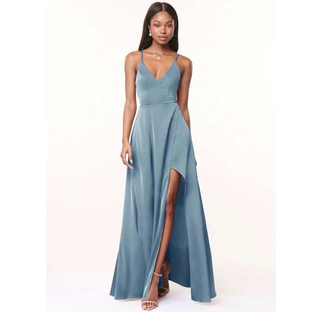 NEW Azazie Size A 14 Maksim Stretch Satin Maxi Dress Dusty Blue Bridesmaid